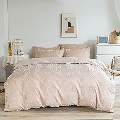 Freyamy Juego de cama de 135 x 200 cm, 4 piezas, bordado bohemio, color caqui, geométrico, moderno, chic, bohemio, 2 fundas de edredón con cremallera y 2 fundas de almohada de 80 x 80 cm Cover