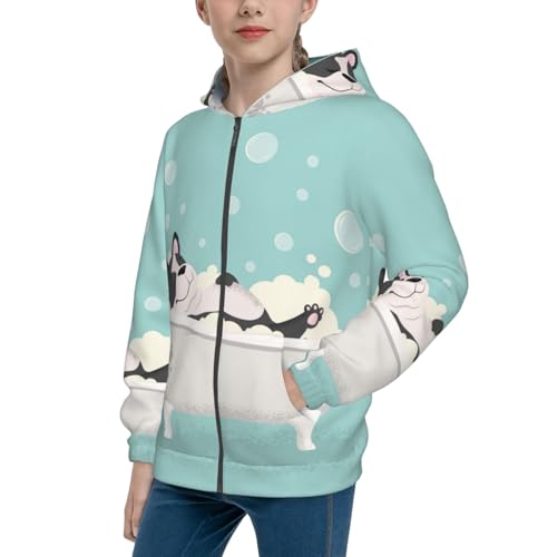 French Bulldog Taking a Bath Kid Hoodies Boys Zip Up Sweatshirts Girls Pullover with Pocket