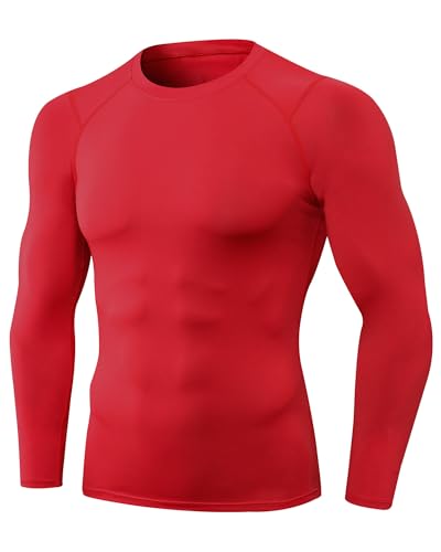 Yuerlian Red Compression Shirt for Men Long Sleeve Running Base Layers Top Cool Dry Lightweight Athletic T-Shirt Fitness Training Workout Jogging