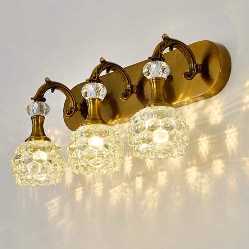 Image of 3 Light Vintage Vanity Light Gold Bathroom Lighting Fixtures Over Mirror with Glass Shade