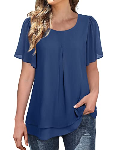 Gaharu Women Blouses Office Dressy Tops For Evening Wear Summer Tops For Women Fashion 2023 Casual Ruffle Sleeve Tunic Tops To Wear With Leggings Swing Sheer Tunic Deep Blue,L #TOP2