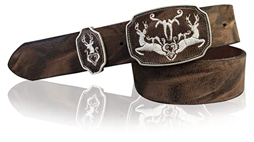 FRONHOFER Trachtengürtel Hirsch Gürtelschnalle bestickt, 4cm, Hirsch Trachten Jagd Gürtel, echt Leder, 18358, Größe:Körperumfang 105 cm / Gesamtlänge 120 cm, Farbe:Braun Cover