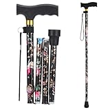 Walking Cane ANCKNE Cane for Woman | Lightweight, 5-Level Height Adjustable and Aluminum Folding Canes for Seniors | Ergonomic Wheeled Handle | Portable Walking Stick Collapsible Cane（Black Flowers）