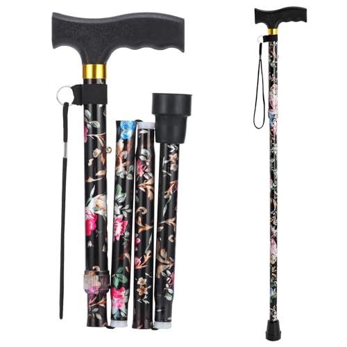 Walking Cane ANCKNE Cane for Woman | Lightweight, 5-Level Height Adjustable and Aluminum Folding Canes for Seniors | Ergonomic Wheeled Handle | Portable Walking Stick Collapsible Cane（Black Flowers）