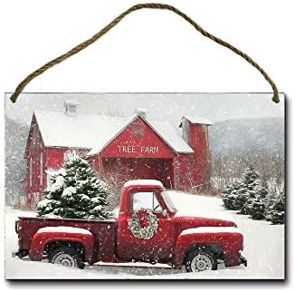 MHreat Wooden Sign Red Truck Christmas Tree Fresh Farm Front Door Wall Holiday Decoration Style7 8x12inches