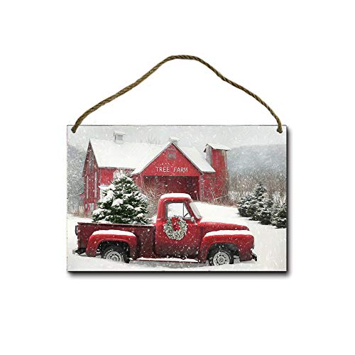 Mhreat Wooden Sign Red Truck Christmas Tree Fresh Farm Front Door Wall Holiday Decoration Style7 8X12Inches #TOP7