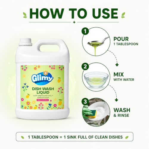 Image of GLIMY Dish Wash Liquid | 5.5 Litre Refill Pack | Glycerin Enriched | Coconut Based Surfactant | Powerful Grease Cutting | Safe on Hands | Kitchen Utensil Cleaner | Lemon Fragrance | Baby Safe