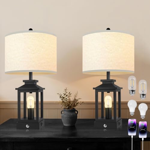 Lámpara de Mesa Negra Estilo Rústico, 3 Niveles con USB, Pack x2