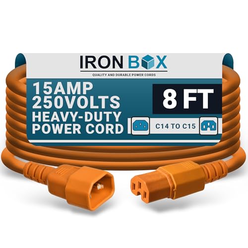 IronBox Electric C14 to C15 Power Cord - 15A/250V, 14/3 AWG SJT - Heavy Duty Cord - UL Listed IEC Power Cable Extension - Jumper Cords for Computer, Server, Desktop, Speaker & More (8ft, Orange)