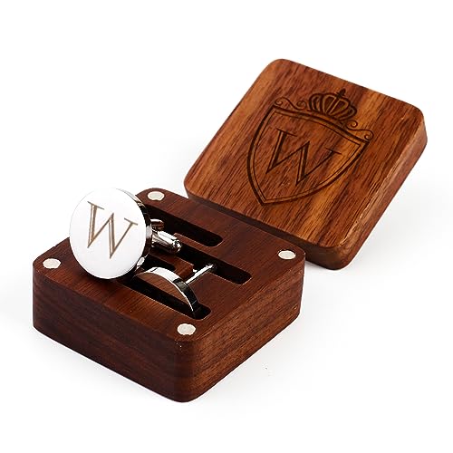 Image of Mens Initial Silver Cufflinks A-Z Alphabet Letter Steel Cuff Links with Engraved Walnut Wood Box Groom Groomsman Wedding Set