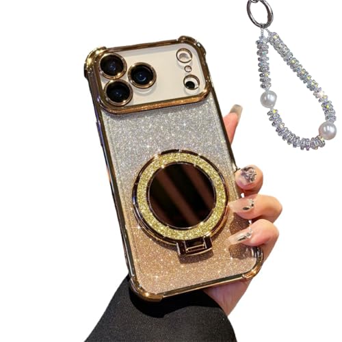 Sparkling Diamond Women's Phone Case with Mirror & Stand for iPhone 15/16/17 Pro Max, Mirror Phone Case With a phone strap (17,G