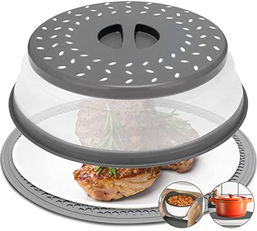 Gddgcuo 2 In 1 Microwave Cover For Food & Microwave Mat Set, As Non-Slip Bowl Holder, Collapsible Dish Cover For Splatter Guard Lid, Silicone Trivet, Pot Holders, Hot Pads, Multi-Use (Grey) #TOP22