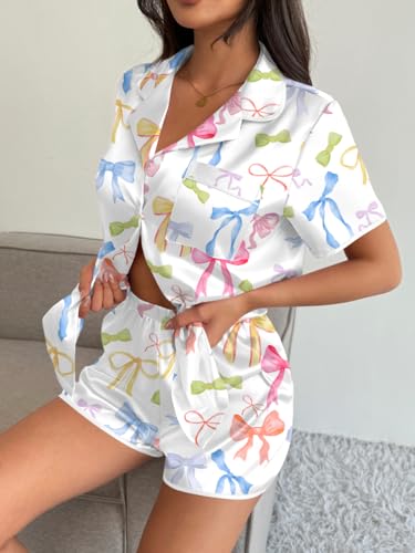Image of Ekouaer Womens Satin Pajamas Set 2 piece Silky Buttton Down Short Pjs | Silk Notch Collar Top and Soft Shorts Lounge Set for Sleep, Daily Wear, Home, Wedding, Party
