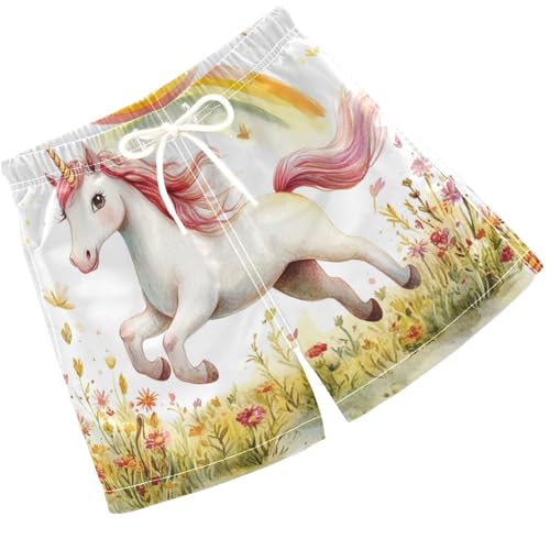 Pigsaly Boys Swim Trunks Cute Unicorn Rainbows Floral Boys Board Shorts Swimsuit Swimwear Summer Bathing Suit 5T
