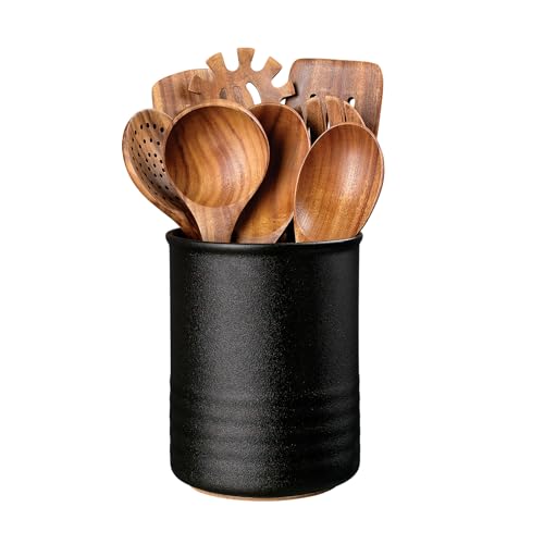 ABRUTY Utensil Holder, 6.7" Ceramic Kitchen Utensil Crock for Countertop Cooking, Modern Utensil Caddy Jar Organizer for Farmhouse Kitchen Counter Décor, Textured Black by ABRUTY - Used condition - US$15.63