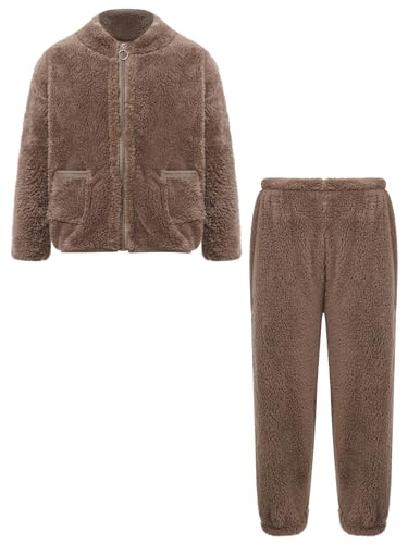 Linjinx Girls Flannel Pajamas Suit Pajamas Set Nightwear Long Sleeve Top Elastic Waistband Long Pants Set Homewear Coffee 7-8 Years