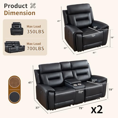 Image of ANJ 3-Piece Faux Leather Power Recliner Sofa Set with USB&Type-C Charging Ports, Include Single Recliner Chair, 2-Seater Loveseat Set of 2 with Hidden Storage & Cup Holders, Black