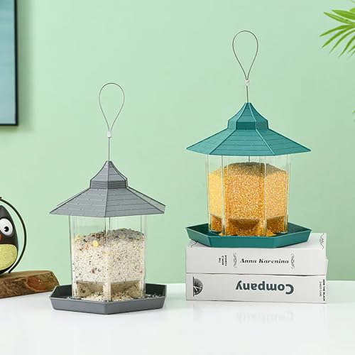 Image of Kuber Industries Bird Feeder for Balcony Grill|PP Grain Holder for Garden, Outdoor|Stylish Hut Shape with Hanging Wire (Grey)