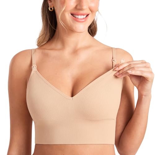 Image of MOMANDA Ribbed Wireless Nursing Bras for Breastfeeding Longline Maternity Sleep Bra V Neck Comfort