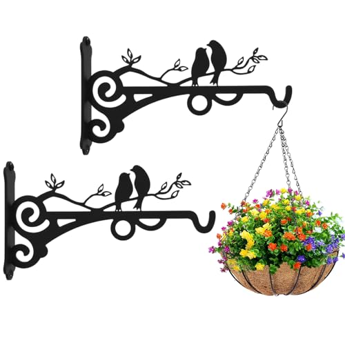 DHFUCNKO 2 PCS Hanging Basket Bracket, Iron Plant Hanger,Ceiling Hooks for Hang Plants,Hanging Plant Hooks,Wall Mounted Hook for Garden Flowers/Chimes/Lantern/Light/Bird Feeder, Pack of 2 Black