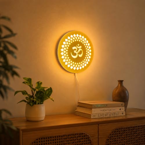 Image of Om LED Backlit Mandir Decor | Moon Wall Lights for Home Decoration | Wall Lamps for Bedroom & Living Room | No Adapter Required