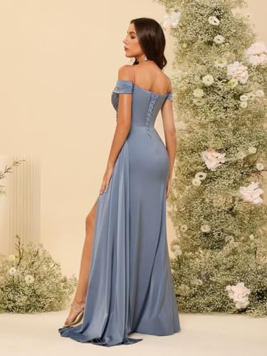 IKMNN Off The Shoulder Long Bridesmaid Dresses for Women Tight Pleated Satin Formal Dress with Slit IK0113