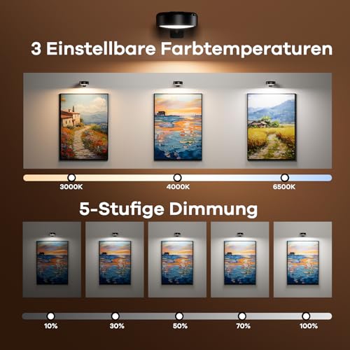 3 Stück Bilderleuchte Kabellos mit Fernbedienung, Magnetische Bildbeleuchtung Kabellos mit 3 Lichtfarben & Einstellbarer Helligkeit & Timer, 2000mAh Wandlampe akku Aufladbar für Fotorahmen Dartboard