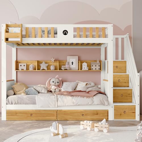 Litera infantil 90 x 200 cm, estructura de pino y MDF, con 4 armarios en la escalera con puertas de seguridad y 2 cajones, estantes abiertos, blanco + natural