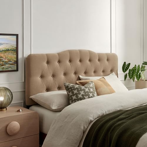 Modway Annabel Premium Linen Blend Queen Headboard in Almond - Soft Fabric Headboard Only with Diamond Button Tufting and 7 Height-Adjustable Positions