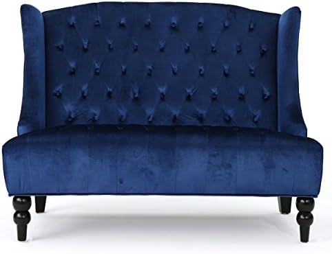 Christopher Knight Home Leora Traditional Tufted Velvet Wingback Loveseat, Navy Blue / Dark Brown