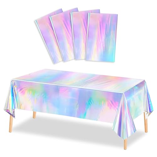 4 Pack Iridescence Plastic Tablecloths Shiny Disposable Laser Table Covers 54" x 108" Sequin Holographic Foil Tablecloths for Birthday, Wedding, Party, Picnic, Buffet, Christmas Decorations
