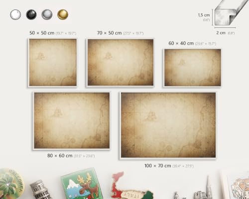 Tablón de anuncios de 100x70 cm con mapa antiguo y marco blanco 3