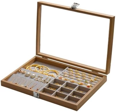 Jewelry Box,Multi-Functional Jewelry Storage Box, Jewelry Tray Wooden Jewelry Organizer with Clear Lid Vintage Jewelry Box Jewelry Display Case for Women (Yellowish brown,Square)