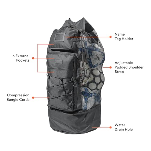 Fitdom Heavy Duty Large Soccer Mesh Equipment Ball Bag w/Adjustable Shoulder Strap Design for Coach. 2 Front Pockets for Sporting Accessories. Best for All Outdoor & Water Gears