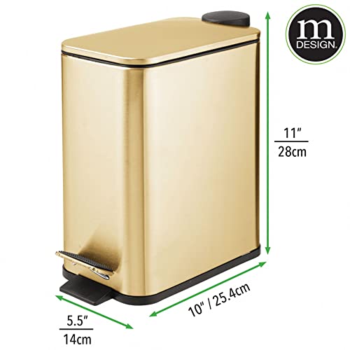 mDesign 1.3 Gallon Rectangular Slim Metal Trash Can w/ Foot Pedal, Easy-Close Lid, Narrow Wastebasket, Garbage Container Bin - Bathroom, Bedroom, Kitchen, Home Office, Removable Liner- Soft Brass by mDesign - Image 3