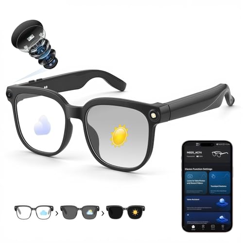 AI Smart Glasses with Camera, 8MP 4K/1080P Video Recording Glasses, Real-Time Translation, AI Voice Assistant & Object Recognition, Open-Ear Audio, Photochromic UV400 Lenses for Travel & Business