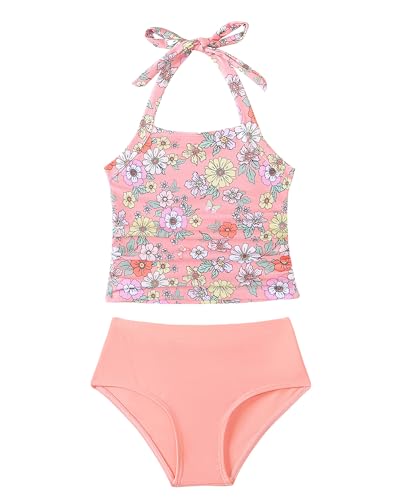 Image of Saeaby Toddler Little Girls Swimsuit Summer Halter Ruched Tankini 2 Piece Bathing Suit for Girl Beach Swimwear 3-8Y