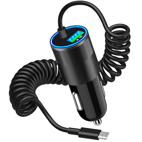 [Apple MFi Certified] iPhone 15 Car Charger Fast Charging, KYOHAYA 75W USB-C PD&QC Power Cigarette Lighter USB Charger with 6FT Coiled Type-C Cable for iPhone 16 Pro/16 Plus/16 Pro Max/15/15 Pro/iPad