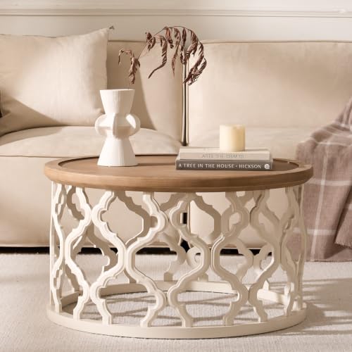 Cagnolier Table Basse Ronde, Table de Salon en Bois avec Pieds ajourés, Table Basse Moderne avec Bords surélevés pour Salon ou Chambre à Coucher, Table Basse Ronde Ø76x41cm (Ø76x41cm)