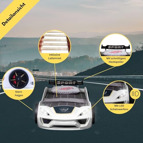 Coemo Kinder Autobett Dream Racer Kinderbett 90x200 im Rennwagen Design mit LED Beleuchtung und Lattenrost für Jungen und Mädchen - Betten Farbe Weiß - Rennbett