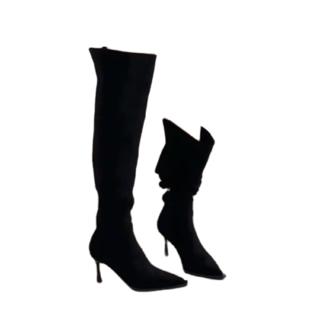 Womens Slouchy Knee High Boots Wide Calf Pointed Toe Side Zipper Chunky Heel Long Boots Winter Shoes