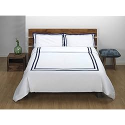 Funda Nordica Blanca Zara Home Sibiles - Juego Funda Nórdica Blanca Hotel con Cenefa Cinta Azul Percal 144 Hilos (Cama 150/160)