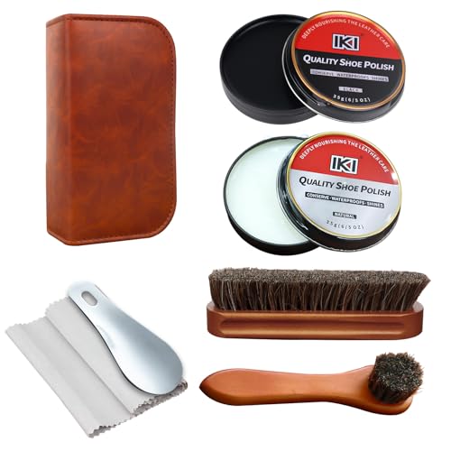 IKI Shoe Polish & Shine Kit - 7 PCS Leather Boot Care Kit with Black & Neutral Shoe Polish