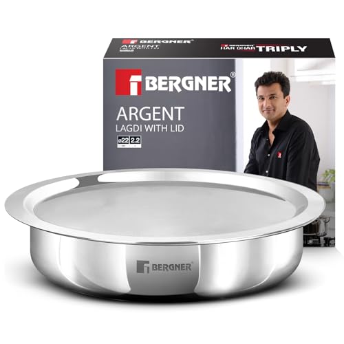 Image of Bergner Argent TriPly Stainless Steel 22 cm Lagdi with Stainless Steel Lid, 1.9 L Saute Pan with Lid, Food Safe, Durable, Dishwasher Safe, Induction and Gas Ready, 5-Year Warranty