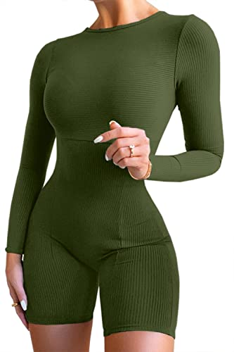 Ioiom Women's Sexy One Piece Long Sleeve Bodycon Club Short Jumpsuit Army Green S #TOP9