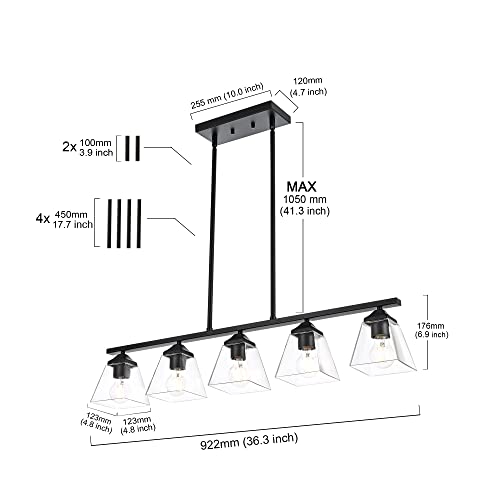 Tuluce 5-Light Dining Room Light Fixture,Black Farmhouse Chandelier With Clear Glass Shade Kitchen Island Pendant Ceiling Lighting Industrial Metal Hanging Fixture For Living Room Office, Bar Etc. #TOP5