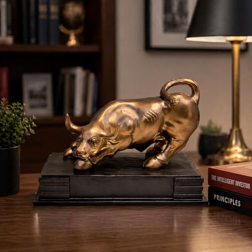 Image of ARMONIA Golden Charging Bull Statue (23 * 28.5cm) | Polystone Bull Sculpture Showpiece Wall Street Bull for Home Decor, Stock Market & Trading Desk Symbol of Business Growth