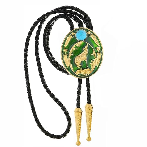 HUABOLA CALYN Bolo Tie for Men, Western Leather Wolf Round Shape Bolo Necklace, Vintage Cowboy Accessories for Women Men (Green) - Thumbnail 6