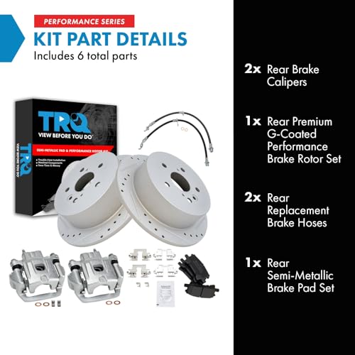 Image of TRQ Performance Rear Brake Pad and Rotor Set Semi Metallic Slotted Drilled Coated Calipers Compatible with 04-06 Lexus RX330 07-09 RX350 06-08 RX400h 06-07 Toyota Highlander with All Wheel Drive