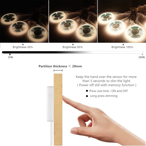 Image of LED Shelf Light 12V,6.56Ft 6-in-1Dimmable Cuttable COB LED Strip Lights,with 60W Adpter Cabinet Light 4000K for Bookshelf, Display Cabinet, Closet, Kitchen and Pantry